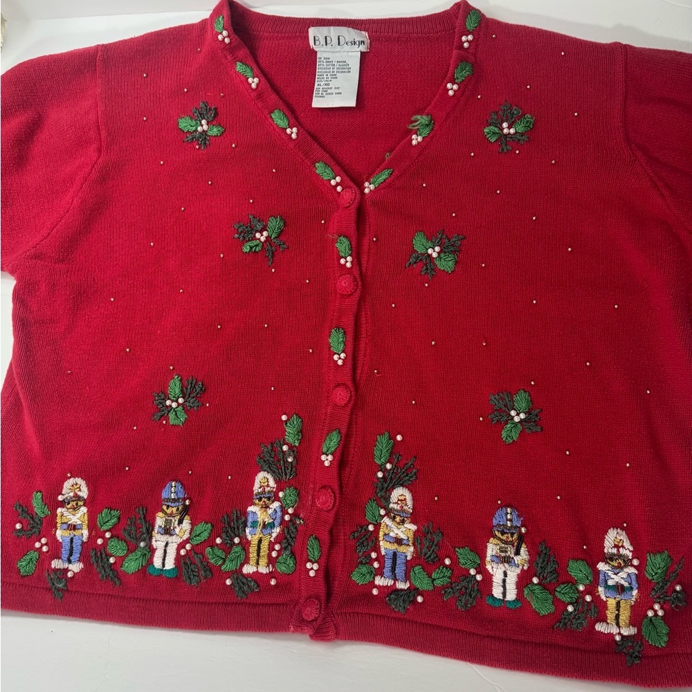 B.P Design Nutcrackers Christmas Cardigan Sweater Beads Embroidery Womens XL